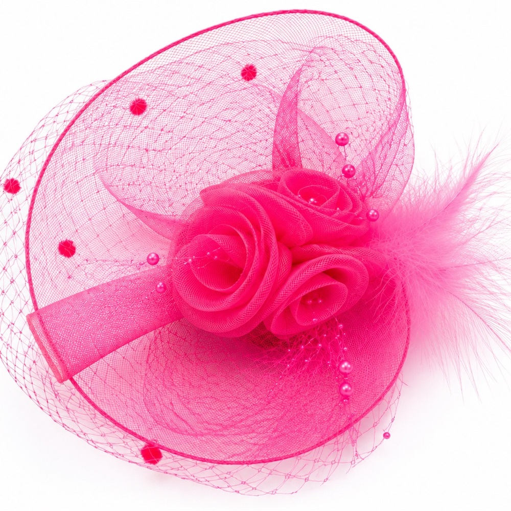Hot Pink Fascinator Hat Mesh Feather Rose Kentucky Derby Tea Party. NEW